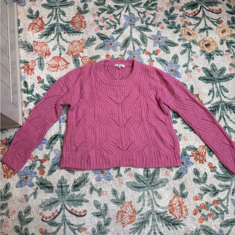 Madewell Pink Openwork Waffle Crewneck Sweater